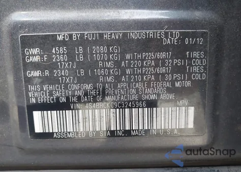 2012 Subaru Outback 2.5I Limited from USA, damaged, VIN 4S4BRCKC9C3245966